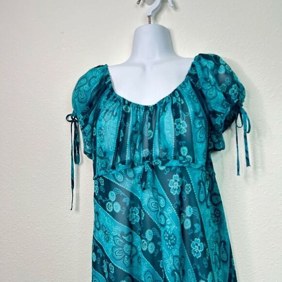 Cinema Etoile Vintage Blue Hipster Y2K Paisley Semi Sheer Ruffle Dress Size L - Picture 2 of 14